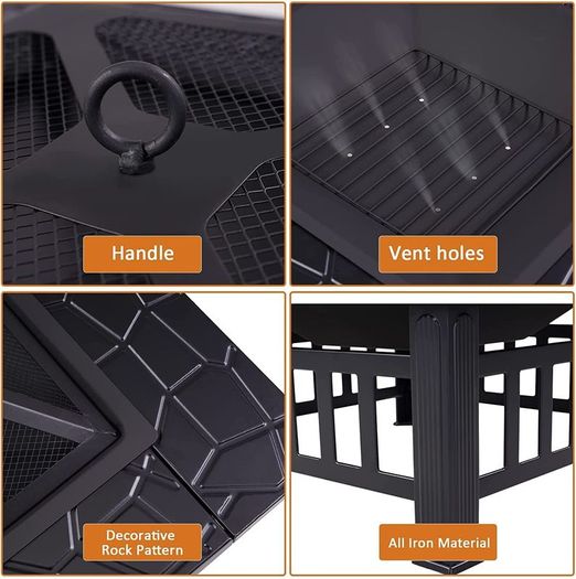 Fire Pits for Garden, Multifunctional 3 in 1 Bbq Fire Pits Table, Metal Square Outdoor Wood & Charcoal Burning Fire Pits With Mesh Screen Lid and Poker for Heating BBQ Bonfire Drink Cooling
