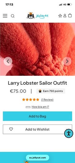 New JELLYCAT Larry Lobster Sailor Outfit