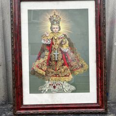 Antique Infant of Prague framed underglass c1940