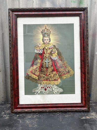 Antique Infant of Prague framed underglass c1940