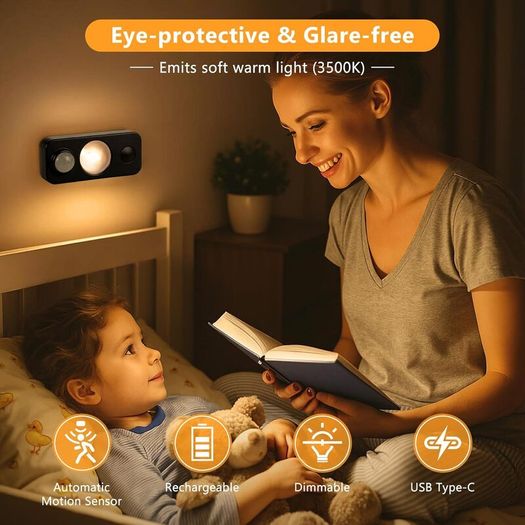 LED Motion Sensor Lights Indoor, Rechargeable Cupboard Lights with 3 Modes, Stick-On Dimmable Wireless USB Wardrobe Light for Drawer, Shelf, Stairs, Hallway, Under Cabinets, Warm White(4 Pack) [Energy Class A+]