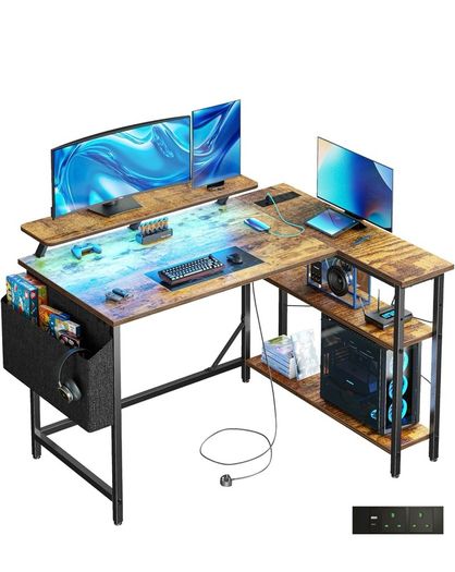 L Shaped Gaming Desk with LED Lights & Power Outlets, 120 x 80cm Corner Computer