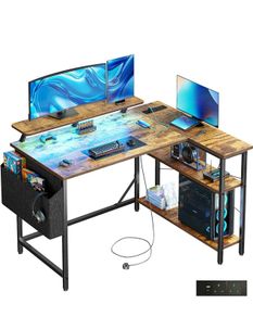 L Shaped Gaming Desk with LED Lights & Power Outlets, 120 x 80cm Corner Computer