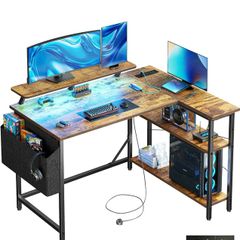 L Shaped Gaming Desk with LED Lights & Power Outlets, 120 x 80cm Corner Computer