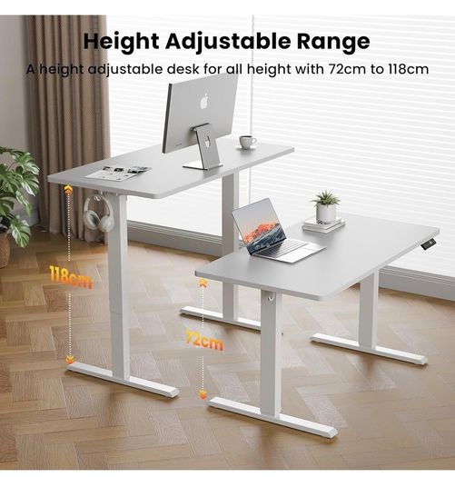 Electric Standing Desk, 100 x 60 cm, White Height Adjustable Desk, 2 Hooks, 4 Memory Heights, 72-118cm, Splice Board, Ergonomic Sit Stand Computer Desk for Home Office