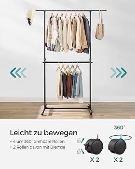 SALE | Double Clothes Rail, Clothing Rack with Extendable Top Rail, Clothes Rail on Wheels, 113-180 cm Height Adjustable Clothes Rack, Adjustable Middle Rail, Black