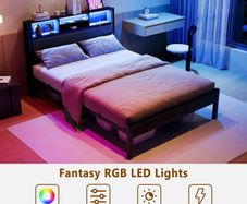 Bed Frame with Charging Station and LED Lights,Metal