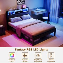 Bed Frame with Charging Station and LED Lights,Metal