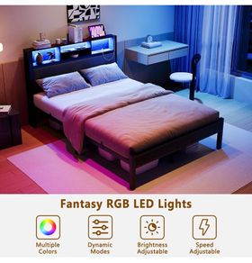 Bed Frame with Charging Station and LED Lights,Metal