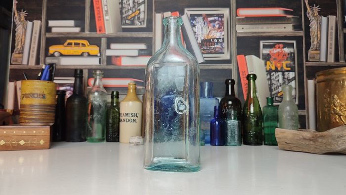 155 - Antique Anciers Petroleum Emulsion Sea Glass Decorative Collectible Cork Top Bottle