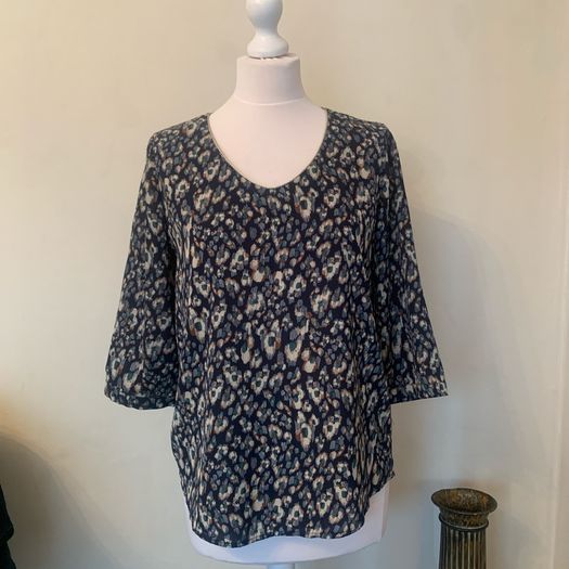 Navy, green & beige blouse. Size S