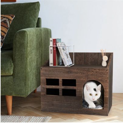 BRAND NEW Durable Wooden Cat Cave Bed Furniture Kitten Sleep Lounge House Bed with Cushion Pad Litter Box for Indoor Cats