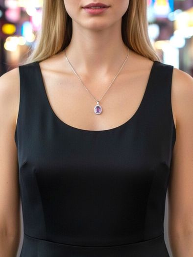 925 Silver Cubic Zirconia Halo Amethyst Necklace