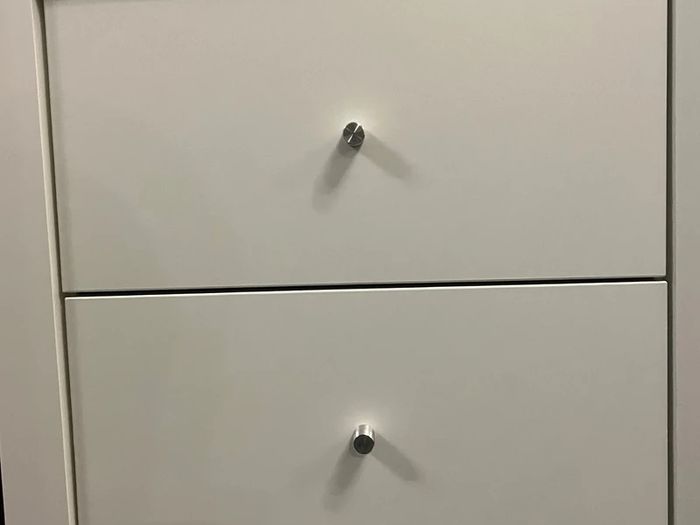 White IKEA Kallax Insert with 2 Drawers & Silver Knobs