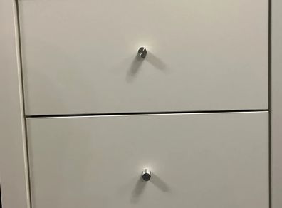 White IKEA Kallax Insert with 2 Drawers & Silver Knobs