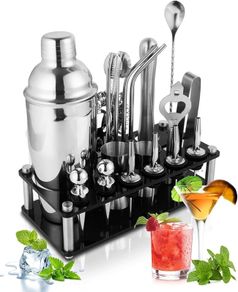 NEW SALE | 20 Pieces Cocktail Shaker Set, 750ml Stainless Steel Cocktail Making Set with Double Jigger, Display Stand, Cocktail Kit Great Cocktail Gift Sets for Home, Bar, Party, Christmas, Thanksgiving