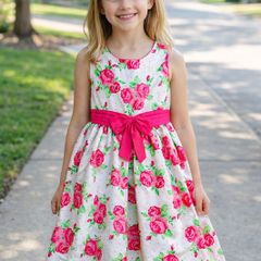 Girls Pink and White Floral Party Dress: Age 8