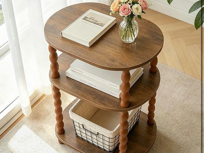 3-Tier Small End Table with Storage Shelf, Vintage Retro furniture Bedside Coffee oval Table Night Stand for Living Room, Bedroom, Office and Small Spaces oak Black (Rustic Walnut)
