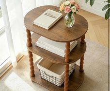 3-Tier Small End Table with Storage Shelf, Vintage Retro furniture Bedside Coffee oval Table Night Stand for Living Room, Bedroom, Office and Small Spaces oak Black (Rustic Walnut)