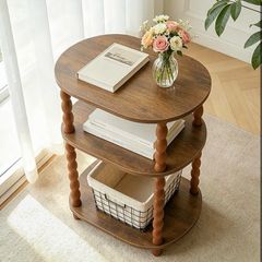 3-Tier Small End Table with Storage Shelf, Vintage Retro furniture Bedside Coffee oval Table Night Stand for Living Room, Bedroom, Office and Small Spaces oak Black (Rustic Walnut)
