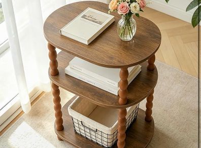 3-Tier Small End Table with Storage Shelf, Vintage Retro furniture Bedside Coffee oval Table Night Stand for Living Room, Bedroom, Office and Small Spaces oak Black (Rustic Walnut)