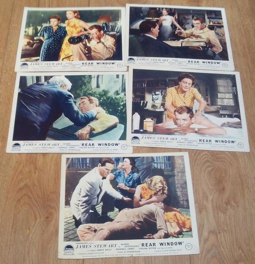 Alfred Hitchcock's Rear Window Starring James Stewart and Grace Kelly 5 Colour Movie Lobby Cards