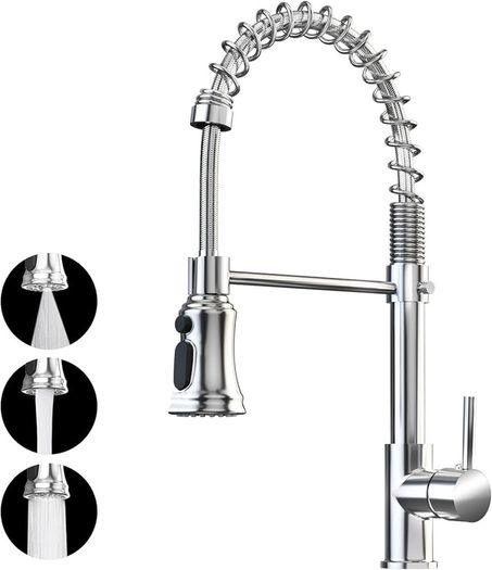 NEW SALE | Kitchen Sink Mixer Tap with 360 Degree Swivel Pull Down Sprayer Commercial Single Handle Tap Cold and Hot 3-Modes Spray with Standard Fittings Chrome