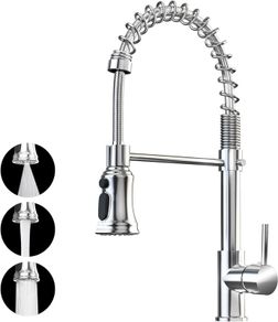 NEW SALE | Kitchen Sink Mixer Tap with 360 Degree Swivel Pull Down Sprayer Commercial Single Handle Tap Cold and Hot 3-Modes Spray with Standard Fittings Chrome
