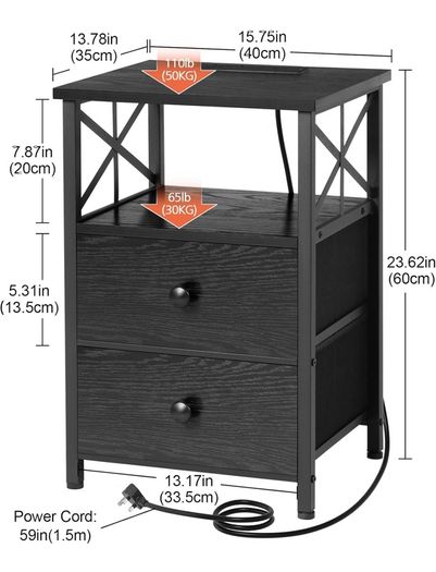 Bedside Table Set of 2, Side Table with Charging Station and Led Lights