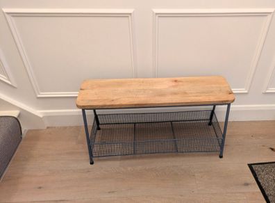 Wooden Bench with Basket Storage