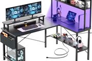 L Shaped Gaming Desk with Power Outlets &amp; LED Lights, Small L- Shaped Computer Corner Desk with Monitor Stand &amp; Storage Shelf, Gaming Table with Storage Bag, Black