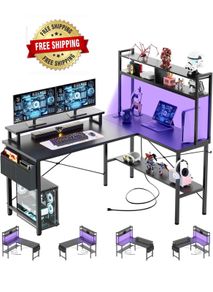 L Shaped Gaming Desk with Power Outlets & LED Lights, Small L- Shaped Computer Corner Desk with Monitor Stand & Storage Shelf, Gaming Table with Storage Bag, Black