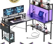 L Shaped Gaming Desk with Power Outlets & LED Lights, Small L- Shaped Computer Corner Desk with Monitor Stand & Storage Shelf, Gaming Table with Storage Bag, Black