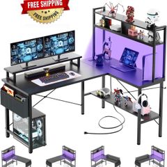 L Shaped Gaming Desk with Power Outlets & LED Lights, Small L- Shaped Computer Corner Desk with Monitor Stand & Storage Shelf, Gaming Table with Storage Bag, Black