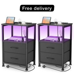 Set of 2 Bedside Table with Charging Station 40cm