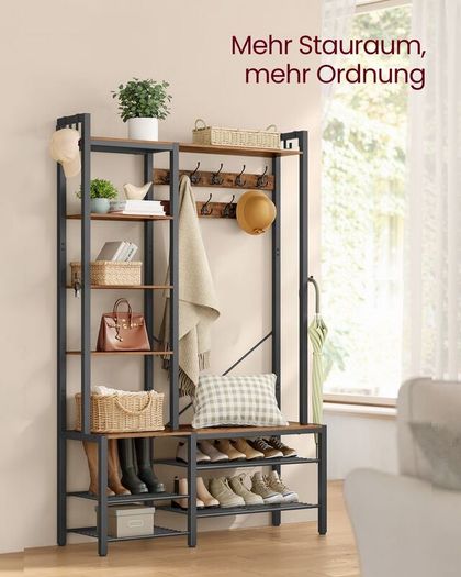 Coat Stand with Shoe Bench, 5 Shelves, 9 Triple Hooks, 6 Side Hooks, 40 x 120 x 190 cm, Vintage Brown/Ink Black