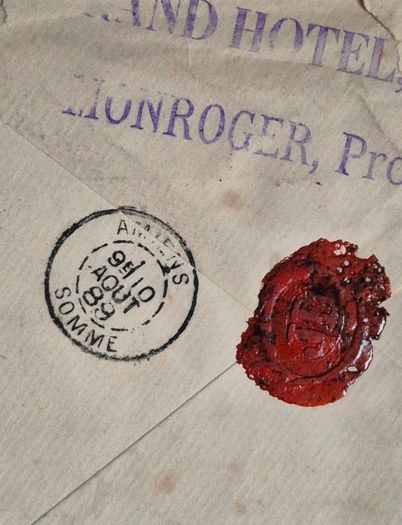 Stamp envelope. France 1889 Postal History Cover Berck-Plage Grand Hotel Lionroger Wax Seal Amiens. antique, 19th-century, mail, envelope, commerce, tourism, maritime, railway, train, transit, postmark, cancellation.