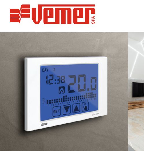 VEMER VE452900 Model Chronos Black Weekly chronothermostat with Touch Screen Display and Battery Supply. Wall-mounting. Color Black