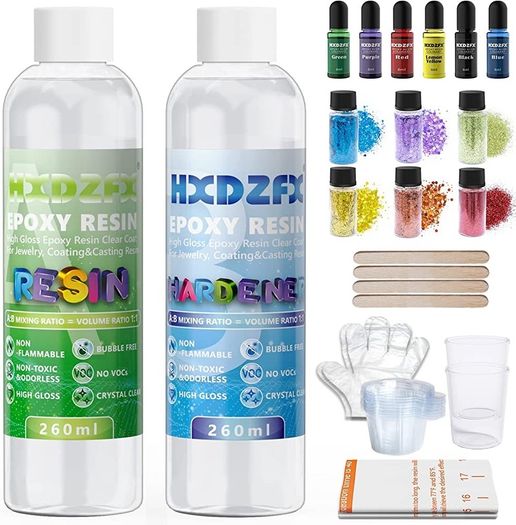 Epoxy Resin Crystal Clear Kit For Beginners - 2 Part 520ml/20oz Clear Coating Resin Starter Kit- Resin Art Casting Jewellery Making Kit for Wood, Table, Tumbler, Bonus Measuring Cup, Sticks and Gloves (FREE POSTAGE)