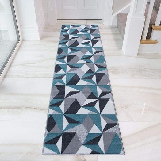 Grey Silver Cream Duck Egg Blue Kaleidoscope Geometric Modern Traditional Living Room Rug (FREE POSTAGE)