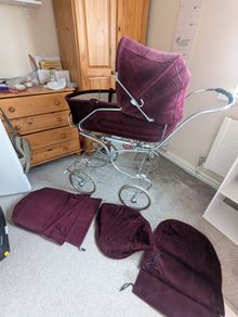 Vintage 2-in-1 German Heritage Pram - Burgundy Corduroy - Full Set & Original Straps