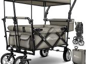 Folding handcart with roof, handcart with 3-point belt system, foldable garden trolley, transport trolley with solid rubber tyres, brake and carry bag, black
