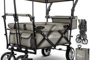 Folding handcart with roof, handcart with 3-point belt system, foldable garden trolley, transport trolley with solid rubber tyres, brake and carry bag, black