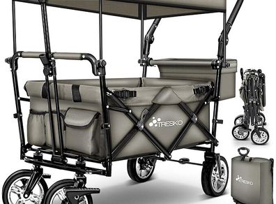 Folding handcart with roof, handcart with 3-point belt system, foldable garden trolley, transport trolley with solid rubber tyres, brake and carry bag, black