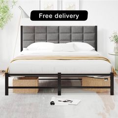 Double Bed Frame Upholstered Platform Bed with Headboard,4ft6
