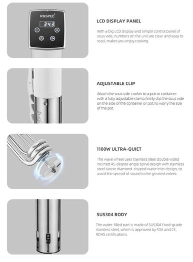 IPX7 1100W Sous Vide Cooker Immersion Circulator Accurate Cooking With LED Digital Display With 5 Vacuum Sealing Bags
