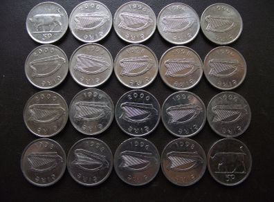 20 Irish 5 pence coins (1993-2000). Nice Condition!