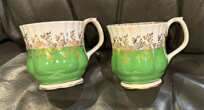 Vintage Royal Albert Regal Series bone china teacups in green with gold floral filigree