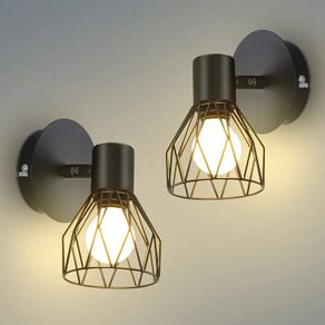 Wall Lights Rotatable, Industrial E14 Socket Adjustable Wire Cage Wall Lights, Sconce Wall Lights in Black Metal for Kitchen Living Room Bedroom, 2 Packs
