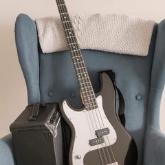 Left handed bass guitar with amp and accessories
